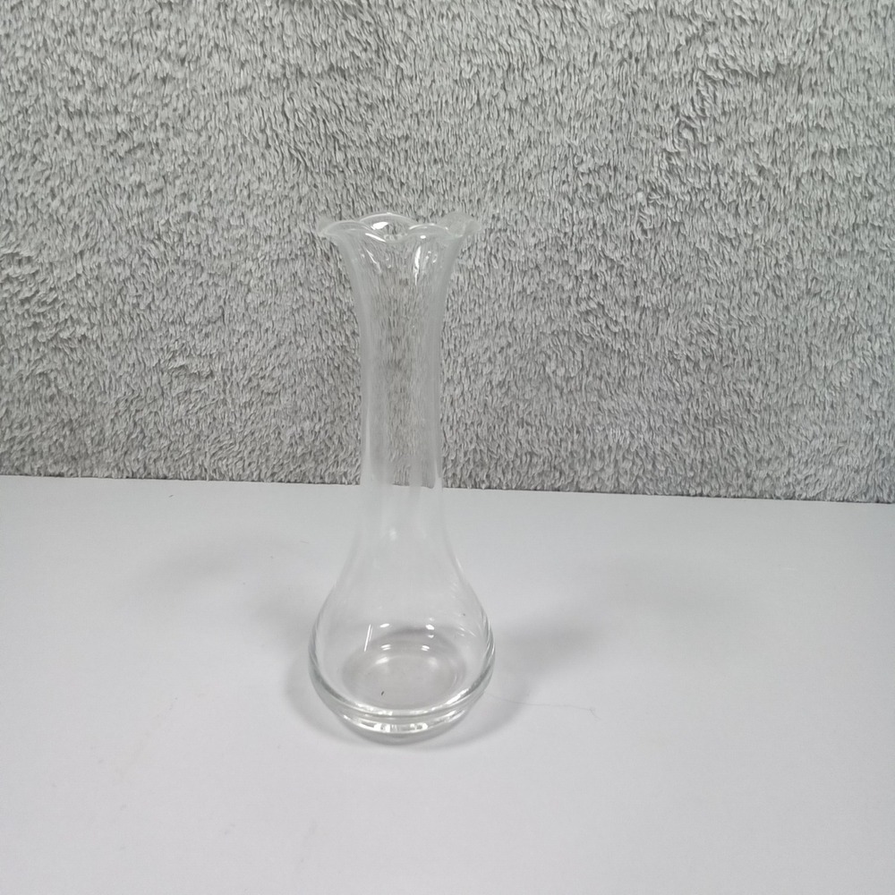 Vintage Clear Glass Bud Vase Ruffled Scalloped Rim Hourglass Shape 6 Inch